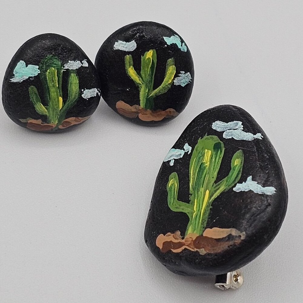Artisan Folk Art Handpainted Stone Rock Earring Brooch Set Jewelry Black‎ Cactus